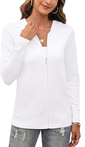 Aottori Gilet Cardigan Zippé Femme Chic et Elegant à Capuche Manches Longues Tricoté Léger Veste Sweat Pull Casual Automne Hiver Blanc S