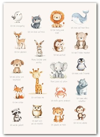 LAVEMA Affirmationsposter A3 (30x42cm) | Poster Affirmationen für Kinder | positive Glaubenssätze Bilder Babyzimmer Deko | Kinderzimmer Poster Tiere Beige