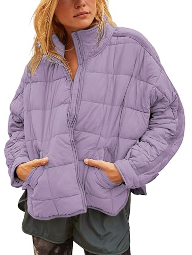 Huaqiao Womens Quilted Puffer Jackets Lightweight Zipper Short Winter Coat With Pockets(LightPurple-M)