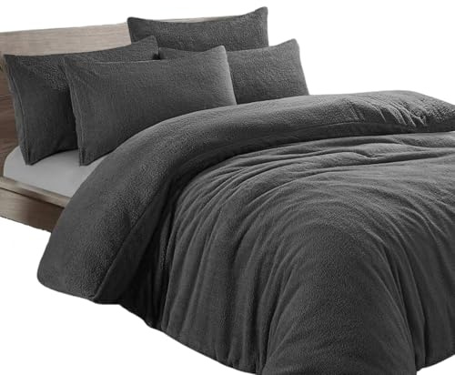 Dolce Vari Teddy Bear Fleece Bedding Set Soft Warm & Cosy Luxury Duvet Cover Set with Pillowcases Quilt Cover Sets Reversible Duvet Sets (Charcoal, Single Duvet Set)