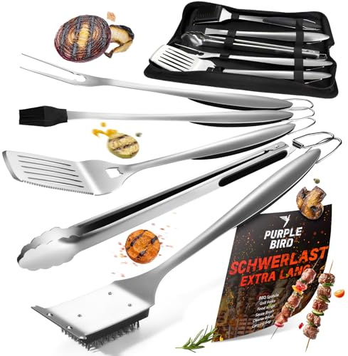 PURPLEBIRD Kit d'accessoires de barbecue de qualité supérieure en acier inoxydable – 6 pièces avec spatule, fourchette, pince, brosse, pinceau à sauce et sac de transport pour barbecue, pique-nique et