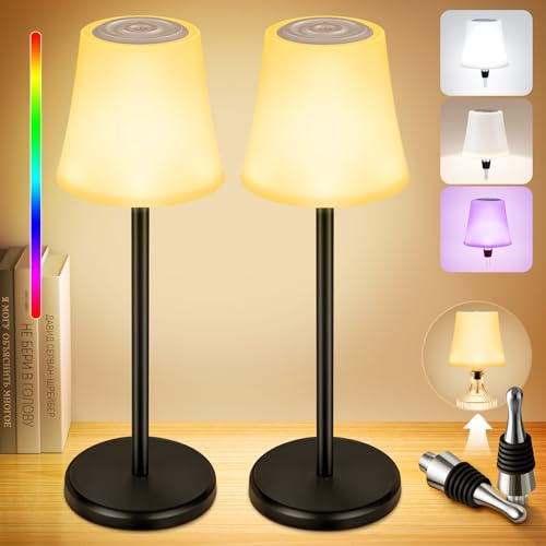 LED Tischlampe kabellos 2 Stück, IP54 Akku Flaschenlampe Zwei Anwendungen, 7 Modi Stufenlos Dimmbare Licht, 5200mAh Touch Control Dimmbar Tischleuchte Kabellos für Restaurants Schlafzimmer (Weiß)
