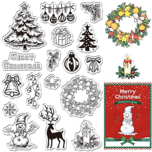 CRASPIRE God jul silikonstämplar snögubbe gåva klara gummistämplar julgran hälsning ord snöflinga klocka stjärna släde järnek älg presentkort göra scrapbooking album dekoration