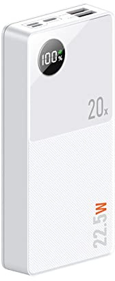Bärbar powerbank snabbladdning, batteriladdning, LCD-display powerbank, med 3 utgångsportar 3 ingångsportar, laddning, vit, 2 0 000 mAh