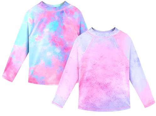 TFJH E 2 Pack Rash Guard for Girls Swim Shirt Long Sleeve Bathing Suits UV 50+ Swimsuits 10-11y, Cyan Pink 12A