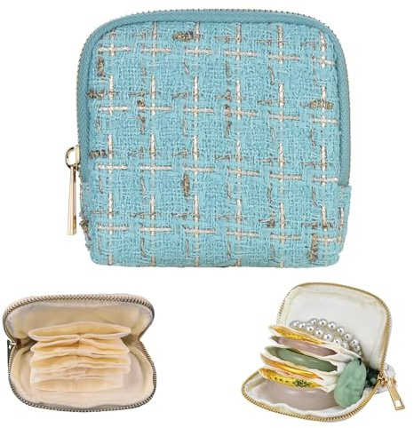 Small Travel Jewelry Case, Soft Tweed Organizer Pouch for Bangle, Bracelets, large Earrings, Beaded necklace, Anti-Scratch & Portable Jewelry Bag Holder for Travel & Everyday Use (Aqua Blue)