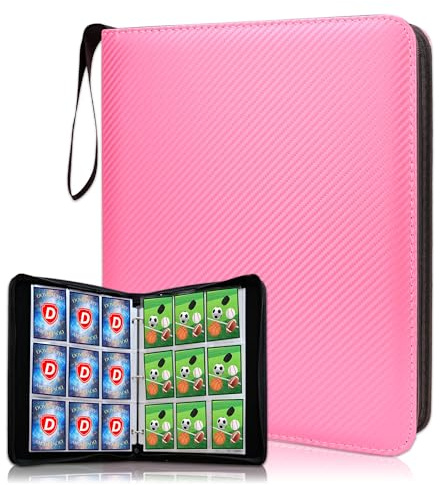 DOVEKERY Trading Card Binder 9 Pocket, 1080 Cards Collection Folder with 60 Sleeves, Zipper Card Organizer Album for Baseball, Sports, Collectible Card(Pink, 9Pockets)