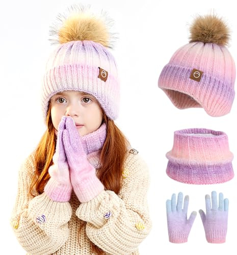 Spiritzohic Kids Winter Beanie Hat Scarf Gloves Set, 3 in 1 Thermal Knitted Pom Pom Hat Snood Gloves Winter Accessories Beanie Hats and Glove for Boys Girls Children 2-10 Years Old-A
