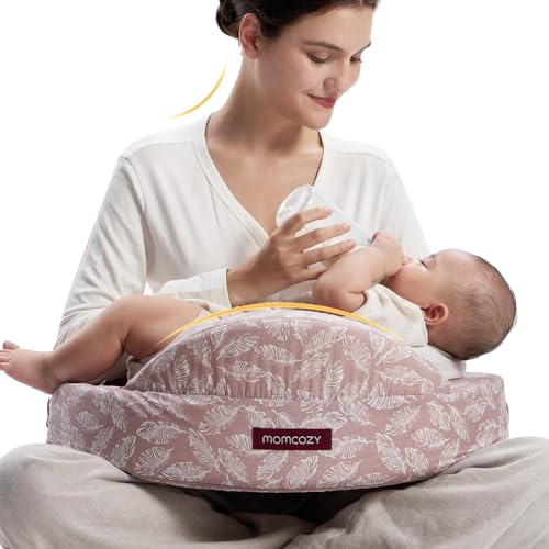 momcozy Cuscino da Allattamento con Barriera di Sicurezza, In Memory Foam Rigido ed Elastico, Supporto Ergonomico Stabile, Più Ampio, Regolabile, Fodera Rimovibile, Foglie Rosa