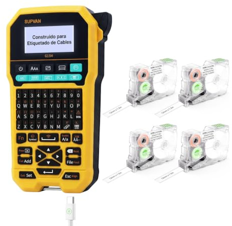 SUPVAN G15M Etikettskrivare med 4 Rullar Etiketter & APP (Android & iOS) | 11 Etiketttyper, Bakgrundsbelyst, 4-Raders Utskrift, 3 Etikettgenvägar, Uppladdningsbar, Smal Marginal, för Hem & Utomhus