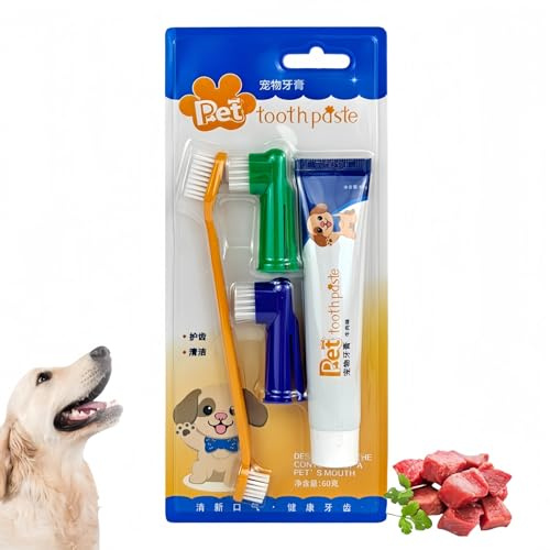 Dog & Cat Toothpaste Kit with Toothbrush & Finger Brush,Beef Flavor Pet Toothpaste for Dogs and Cats,Freshen Breath & Support Healthy Gums,Puppy & Adult Pet Dental Care,Dental Care for Dogs