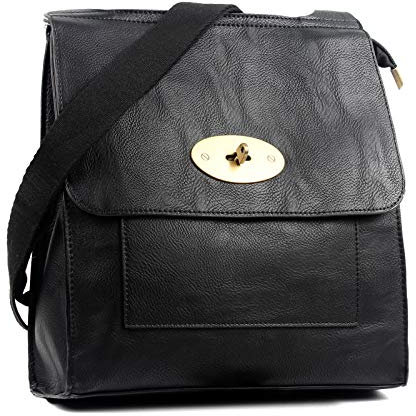 AOSSTA Women's Cross-Body Bags Leather Large/Medium Cross Body Messenger Bag Shoulder Bag (21601 Black (With Zip))