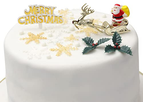 Christmas Cake Decorations Toppers 4 Piece Set – Merry Christmas Sign, Santa on Sleigh & 2x Holly – Non-Edible Reusable 3D Cupcake Topper