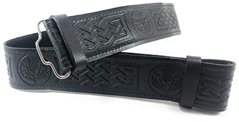 Cintura per kilt scozzese in pelle nera con cardo in rilievo - Nero - XX-Large