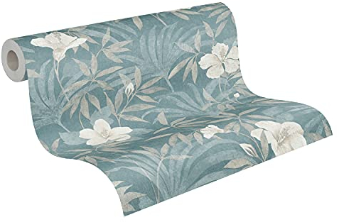 A.S. Création Papier Peints Fleuris Cuba intissé 10.05 m x 0.53 m Beige Bleu Fabriqué en Allemagne 380285 38028-5