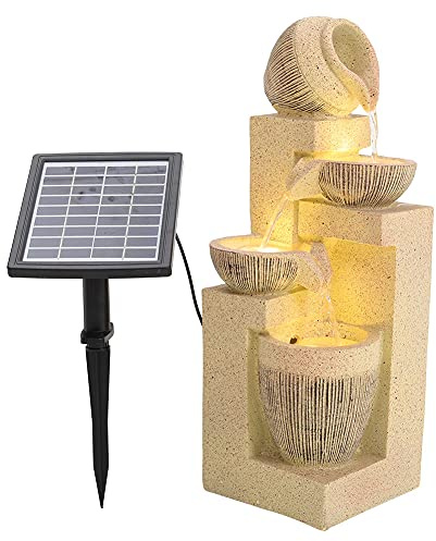 BTGGG Water Feature Outdoor Fountain Rockery Decoration Solar Powered Garden Ornament Fountain with LED Light, 16.5 x 16.5 x 49cm Size Fit for Garden, Garden Pond, Terrace, Pond, Balcony