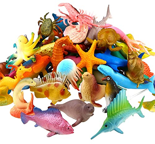 YeoNational&Toys Animales de Juguete, Surtido de 52 Mini Figuras de Animales Marinos de Plástico , Fauna Submarina Realista para Jugar en el Baño, Fiesta Educativa del Mar.