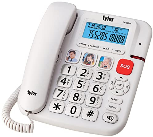 Tyler Big Button Phone For Seniors Landline Phone - Loud Ringer For Hearing Impaired - Pictured Speed Dail - Loud Speaker - Alarm - SOS - LED Call Light Indicator - Large Numbers - Home Phone TBBP7-WH