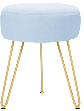 GERANT Multifunctional Vanity Stool - Velvet Footrest Stool-Upholstered Chair Stool -Ottoman Round Modern Dressing Chair - Side Coffee Table Seat with Golden Metal Leg for Living Room (Light Blue)
