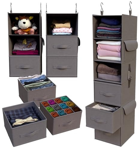 Organizador de Armario Colgante con 6 estantes, Plegable, 3 cajones y 2 Bolsillos Laterales. Divisible en 2 módulos de 3 estantes. Organización y Almacenamiento de Ropa, Zapatos, Bolsos, etc.