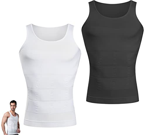 Men Compression Shirts, 2 Pack Slimming Body Shaper Vest Tummy Control Shapewear Abdomen Undershirt Tank Top
