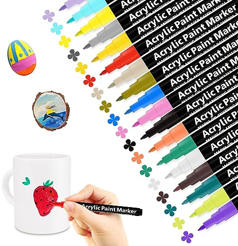 Autoau Marqueur Peinture Acrylique, 18 Couleurs Feutre Acrylique Stylos 0,7 mm Pointe Premium Etanche Feutres Permanents Couleur pour Galet Céramique Toile Porcelaine Verre Bois