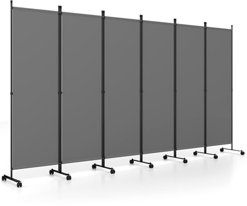 COSTWAY Separé Divisorio Interno 3/4/6 Ante, Paravento da Esterno ed Interno con Piedini, Pannelli Divisori per Ufficio, Salotto e Camera da Letto (Grigio, 6 Pannelli con ruote)