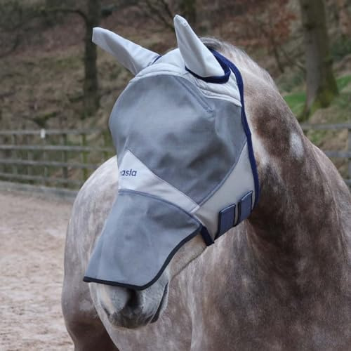 Masta Equine Fly Mask - Face & Nose Coverage, Eye Clearance, Durable Mesh, Midge-Proof, UV Protection, Adjustable Fit & Soft Fleece Edge - Horse Comfort Design with 70% UV Blocking- Full - Grey