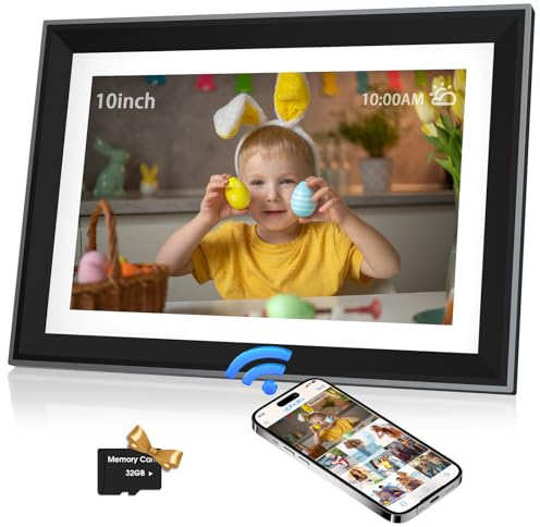 FamBrow Digitaler Bilderrahmen WiFi 10,1 Zoll, Elektronischer Bilderrahmen mit 1280x800 HD IPS Touchscreen, 16GB Speicher+32GB Karte, Teilen Fotos/Videos sofort über App