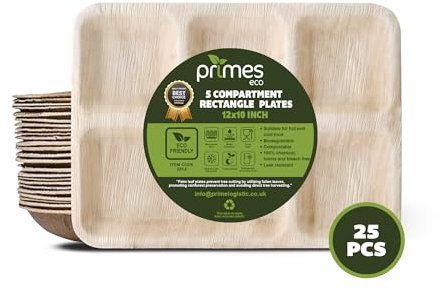 PRIMES ECO 12x10 INCH Areca Palm Leaf Square Plates Large Heavy Duty Disposable Tableware with 5 Compartments Microwave & Oven Safe Plates for Party, Wedding, Camping, Picnic & Office Events (25 PCS)