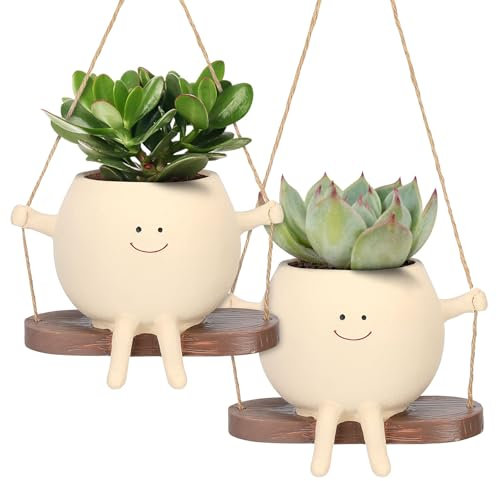 Hängende Blumentöpfe mit Schaukel Gesicht,Blumentopf mit Entwässerungsloch,Niedlicher Blumentopf Mit Lächeln-Gesicht Und Schaukel,Harz Sukkulenten Pflanzgefäße für Außen Innen für Home Gartendeko