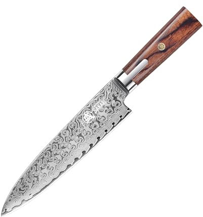 MITSUMOTO SAKARI 20 cm Coltello da Chef Giapponese Gyuto, Coltello da Cucina Professionale Forgiato a Mano, Coltello da Chef in Acciaio Damasceno S301 in Polvere (Coltello per Carne e Sushi)