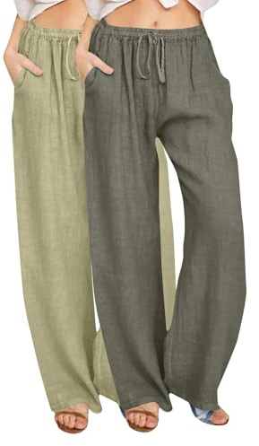 Linen Trousers for Womens UK Wide Leg Summer Pants Elastic Waist Summer Linen Pants