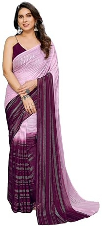 SAREE for WOMEN ETHNICMODE Indian Satin Light Weight Party Wear Pink Sari With Unstitched Purple Blouse Piece-1112