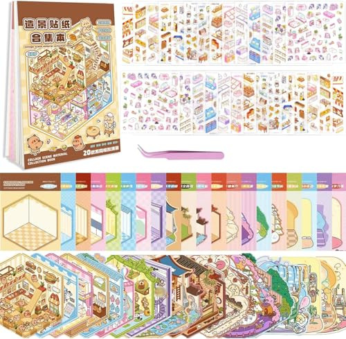 20 Sets DIY 3D House Stickers Scene Kit, Sticker Therapy, Stress Relief Creative Scene Reusable Sticker Book with 30 PET Stickers, 20 Miniature Cabins, 1 Tweezer, Gift for Adults Kids Girls Boys Teens