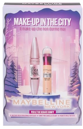 Maybelline New York Confezione Regalo con Pochette, Con Correttore e Mascara, Collezione di Natale Make Up in the City 2025, Mascara Ciglia Sensazionali Black, Cancella Età 01 Light