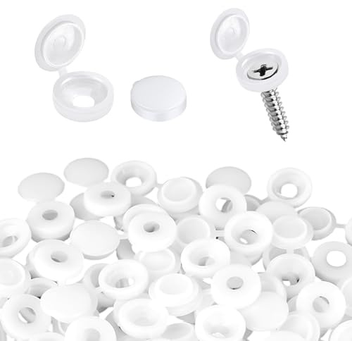 150 Pcs White Hinged Screw Cover Caps, 5mm Plastic Screw Caps for Concealing Screw Heads, Decorative Snap On Flip Top Protective Washer Caps for Furniture, Kitchen Cabinets, Shelves, License Plates