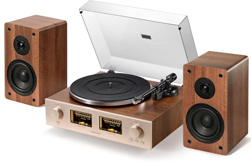 Qlearsoul HiFire X Plattenspieler mit Lautsprechern, Audiophiles HiFi-Turntable-System mit 100W-Regallautsprechern, VU-Meter, DSP-Vorverstärker, 33/45 RPM, RCA LINE IN/Out