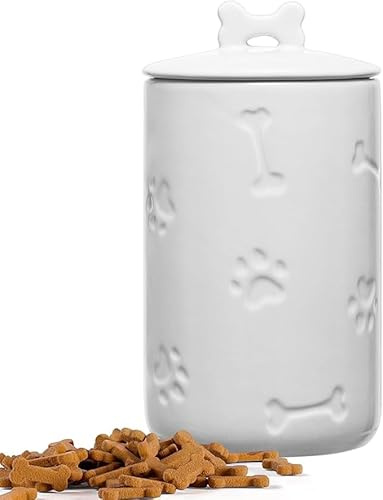 QINSDESIGNS Boîtes de Rangement Hermétiques pour Nourriture pour Animaux - 23 x 13 cm (9x5) - Céramique - Style Fermier avec Motif Patte - Pour Croquettes et Friandises Chien et Chat - Blanc