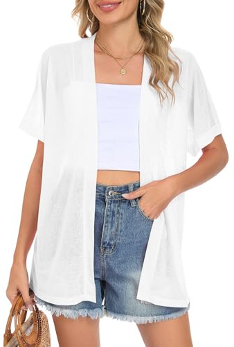AUSELILY Cárdigan de Verano para Mujer, Manga Corta Ligero y Transpirable, Cubierta Playera Suave con Abertura Frontal Blanco XL
