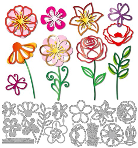 MAYJOYDIY Plantilla de estampado de flores de metal con estampado de rosas de lirio de margarita, mariposa, acero al carbono, plantillas de troquelado para hacer tarjetas, álbum de bricolaje, manual