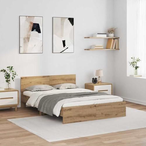 Brokky Cama 135x190 con cabecero y Luces LED Estructura Cama de Madera Cama Matrimonio con somier y Base Cama Juvenil-Roble artisan-135 x 190 cm