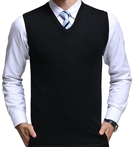 FULIER Mens V-Neck Sleeveless Vest Classic Business Gentleman Knitwear Knitted Waistcoat Sweater Cardigans Tank Tops (X-Large, Black)