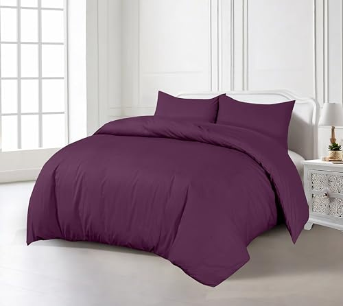 Crescent Collection Plain Duvet Cover With Pillowcase Percale Quilt Cover Bedding Set (Plum, Super King)