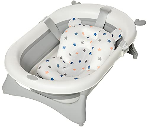 HOMCOM Bañera Plegable para Bebé 0-3 Años 81,5x50,5x23,5 cm Cojín Gris | Bañera Bebé, Tapón Termosensible, Almohadillas Antideslizantes