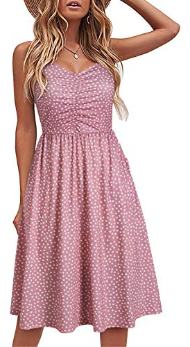 YATHON Vestidos Casuales para Mujer, sin Mangas, de algodón, Vestido de Playa, Acampanado, Tirantes Delgados, Vestidos de Verano con Bolsillos, Rosa/Blanco, S