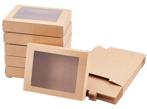 NBEADS Confezione da 24 scatole regalo pieghevoli in carta kraft con finestra da 10 x 7,5 cm per dolcetti e confezionamento di gioielli, finitura 14,5 x 10,5 x 2,5 cm