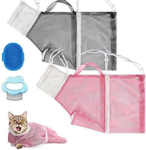 Cat Shower Net Bag, Cat Bath Bag Breathable Multifunctional Adjustable Anti-Bite and Anti-Scratch Restraint Bag Cat Grooming Bag With cat comb and grooming brush for Bathing/Nail Trimming/Ear Clean