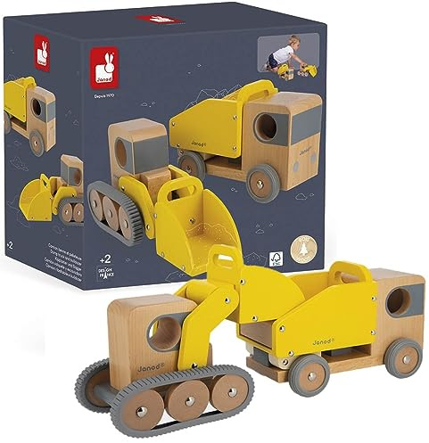 Janod - Bolid Muldenkipper und Bagger aus Massivholz - Leise Räder - Fantasie und Feinmotorik - FSC-zertifiziert - Farbe auf Wasserbasis - Ab 2 Jahre, J04634 Gelb