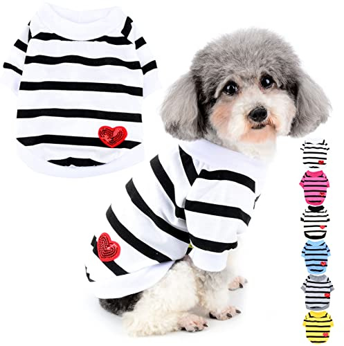 Zunea Chemises pour Petits Chiens D'été T-Shirt Basique à Rayures Chiot Vêtement à Paillettes en Forme de c?ur Sweat-Shirt à Manches Courtes en Coton Doux pour Animal Domestique Chihuahua Blanc XS